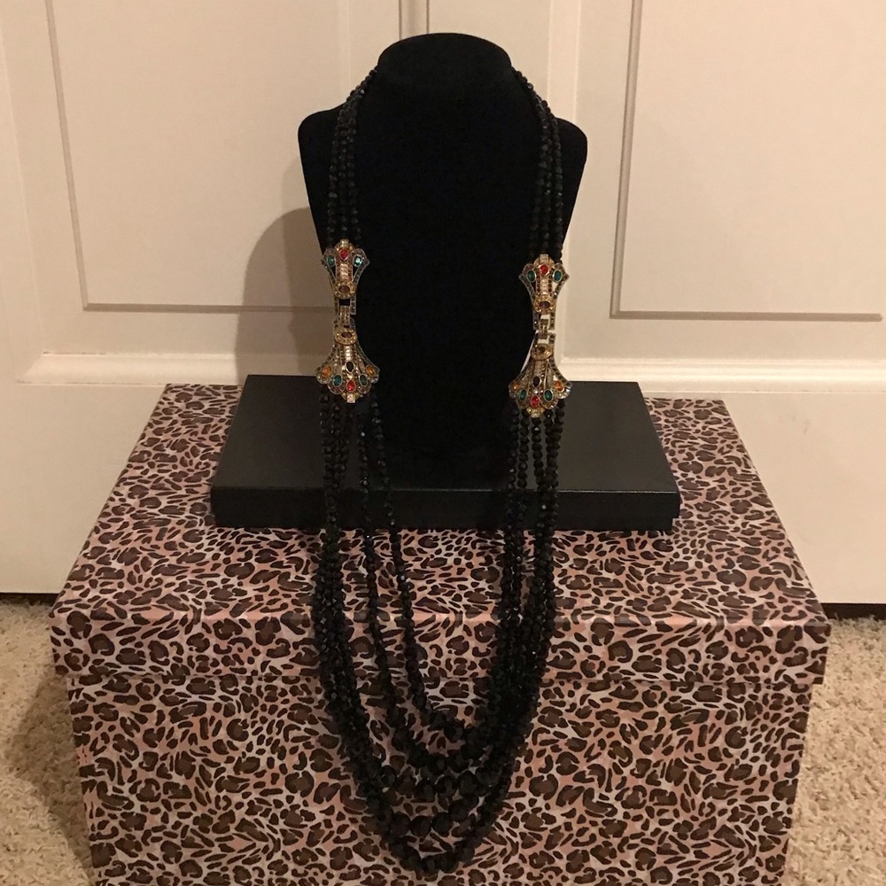 Heidi Daus Black Beaded with Multicolored Rhinestone Necklace